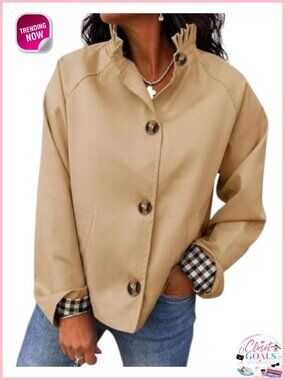 Cropped Trench Coat Stand Collar Button Down Casual Jacket